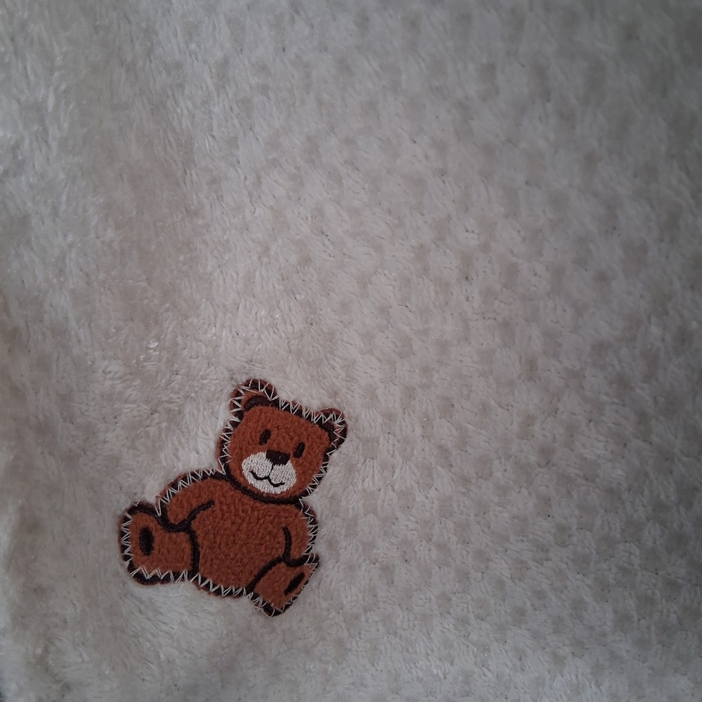 Vintage Teddy Bear Applique Soft Cream Plush Baby Blanket Lovey Textured Fleece